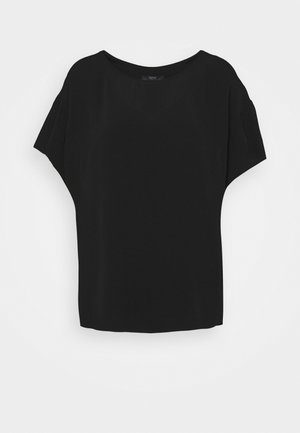 Schwarzes Kurzarm-Oberteil mit lockerem Schnitt. Verfügt über einen Rundhalsausschnitt und glatten Stoff ohne Muster oder Akzente. Einfaches und minimalistisches Design.