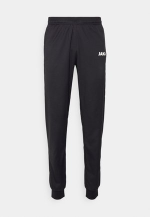 Zwarte sportbroek met een slank ontwerp, elastische tailleband en geribbelde manchetten. "JAKO" logo in het wit op de bovenkant van de linkerdij. Gladde textuur.