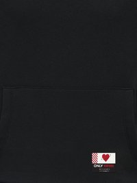 Melnas sporta džemperis ar priekšējo kabatu, kurā ir sarkans un balts uzraksts "ONLY VINTAGE" un sirds dizains. Mīksta tekstūra.