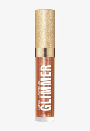 Revlon läppglans i en klar tube med ett lock i guldglitter. Innehåller en skimrande koppar-orange produkt med etiketten "SUPER LUSTROUS GLIMMER".