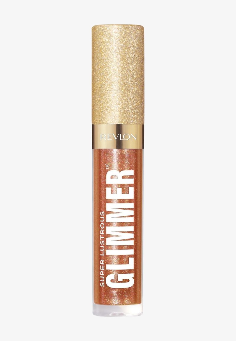 Revlon læbepomade i et klart rør med en guldfarvet glimmerlåg. Indeholder skinnende kobber-orange produkt med "SUPER LUSTROUS GLIMMER" etikette.