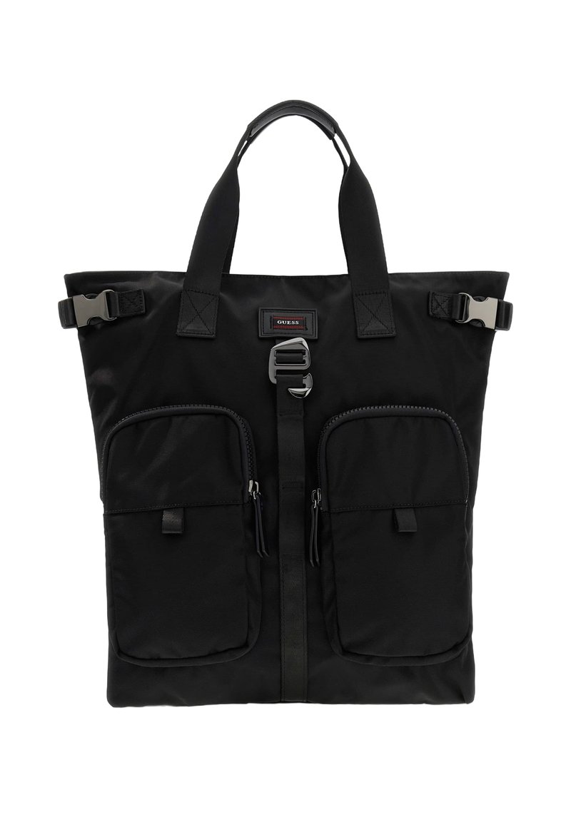Borsa tote nera in nylon con due tasche anteriori con cerniera, chiusura centrale a fibbia e manici rinforzati per una maggiore durata.