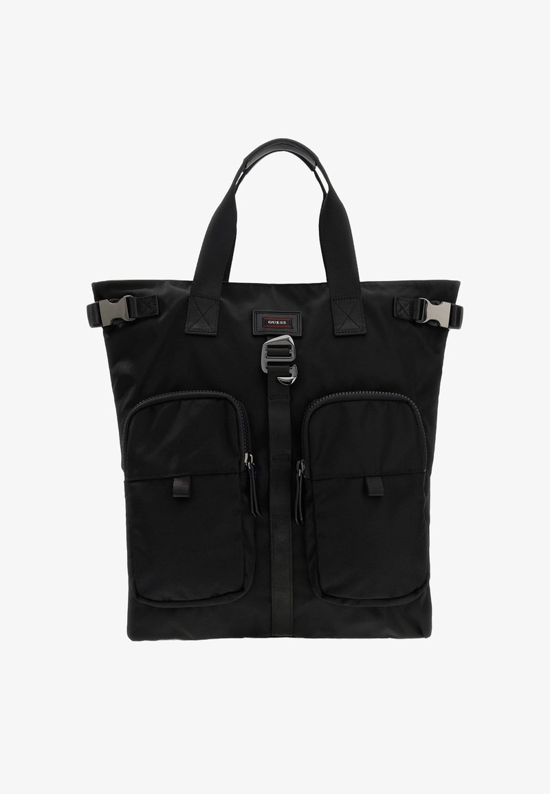 Zwarte tote bag van nylon met twee voorste ritszakken, een centrale kliksluiting en verstevigde handvaten voor duurzaamheid.