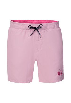 Hellrosa Badeshorts mit elastischem Bund, schwarzem Kordelzug und kleinem besticktem Logo nahe dem linken Saum.
