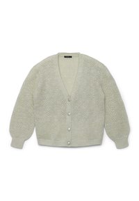 Cardigan lavorato a maglia grigio chiaro con motivo a rombi, scollatura a V, maniche lunghe a sbuffo, polsini e orlo a coste, e quattro bottoni decorativi in argento sulla parte anteriore.