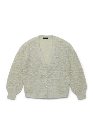 Cardigan lavorato a maglia grigio chiaro con motivo a rombi, scollatura a V, maniche lunghe a sbuffo, polsini e orlo a coste, e quattro bottoni decorativi in argento sulla parte anteriore.