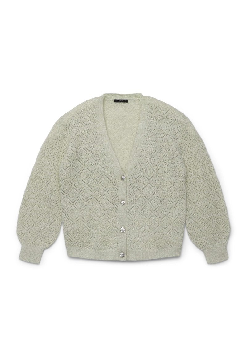 Cardigan lavorato a maglia grigio chiaro con motivo a rombi, scollatura a V, maniche lunghe a sbuffo, polsini e orlo a coste, e quattro bottoni decorativi in argento sulla parte anteriore.