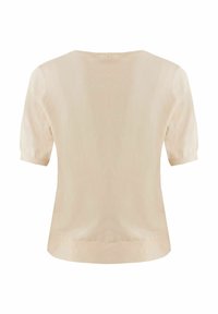 Top en tricot beige à manches courtes avec un col rond, présentant une texture lisse et un ourlet ajusté. Design simple et minimaliste.