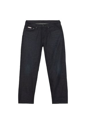 Jeans in denim blu scuro con taglio a gamba dritta, dotati di cinque tasche e dettagli di cuciture minimali per un aspetto pulito.