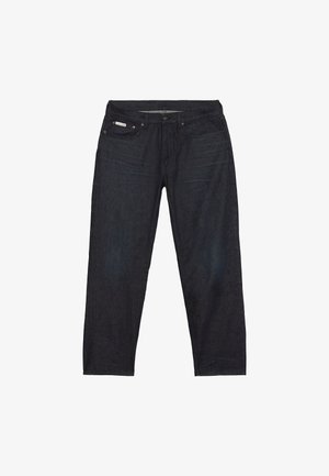 Dunkelblaue Jeans aus Denim mit geradem Bein, ausgestattet mit fünf Taschen und minimalen Nahtdetails für ein sauberes Aussehen.