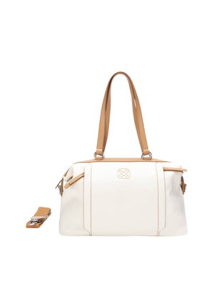 Borsa a mano in pelle color crema e sabbia con due manici, tracolla rimovibile e piccolo logo in rilievo al centro davanti.