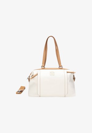 Borsa a mano in pelle color crema e sabbia con due manici, tracolla rimovibile e piccolo logo in rilievo al centro davanti.