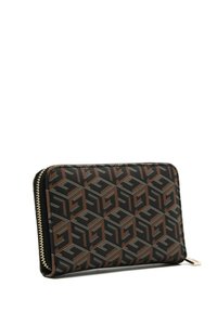 Portafoglio con zip realizzato in tessuto nero testurizzato con un motivo geometrico marrone e grigio. Presenta una cerniera in tonalità oro e una forma rettangolare.