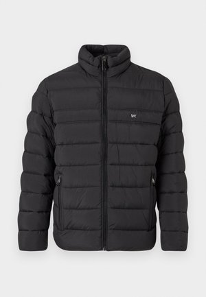 Black puffer jacket with a high collar, zippered front, and two side pockets. Features horizontal quilted patterns and a small logo on the chest.
