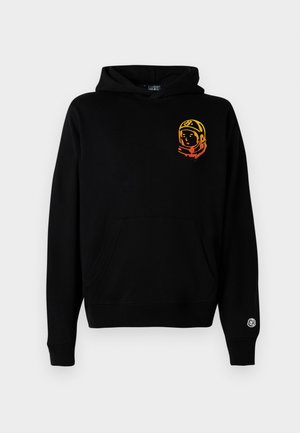 Black hoodie made of soft fabric, featuring a front pocket, ribbed cuffs, and an astronaut graphic in orange and yellow on the left chest.