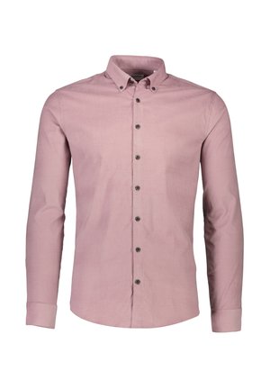 Jasnoróżowa koszula z długim rękawem i kołnierzykiem zapinanym na guziki, z czarnymi guzikami z przodu, wykonana z gładkiego, strukturalnego materiału.