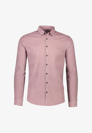 Chemise à manches longues rose clair avec un col boutonné, ornée de boutons noirs sur le devant, confectionnée dans un tissu lisse et texturé.