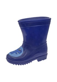 Botte de pluie en caoutchouc bleue avec une semelle texturée, un haut arrondi et une illustration de visage de requin souriant sur l'orteil. Design léger et imperméable.