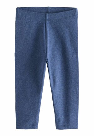 Leggings albastre, elastice, realizate dintr-un material moale. Au o talie largă din elastic și o textură netedă, simplă. Fără modele sau accente vizibile.