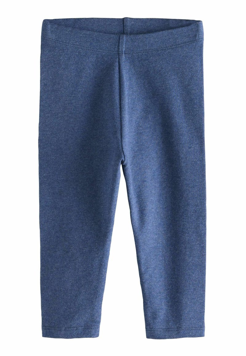 Leggings bleus, extensibles, fabriqués en tissu doux. Présentent une large ceinture élastique et une texture lisse et unie. Aucune motif ou accent visible.