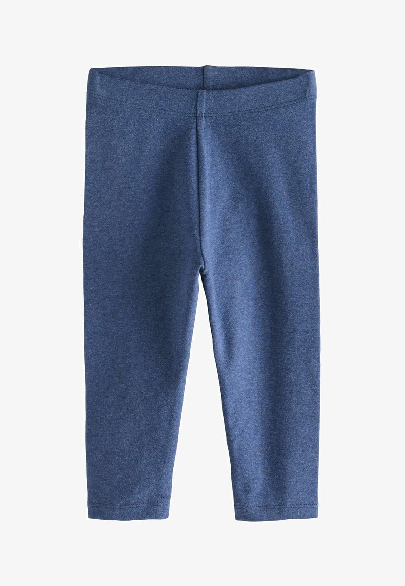 Leggings bleus, extensibles, fabriqués en tissu doux. Présentent une large ceinture élastique et une texture lisse et unie. Aucune motif ou accent visible.