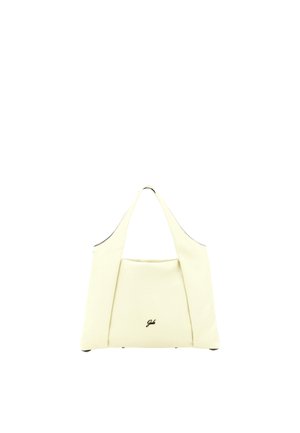 Crèmekleurige tote tas met brede handvatten en klein zwart geborduurd logo aan de voorzijde in het midden.