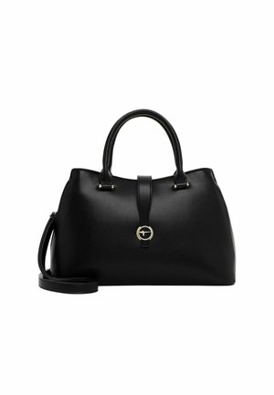 Black leather handbag with rounded top handles, detachable shoulder strap, flat base, and front cinch detail with a gold-tone circular accent.