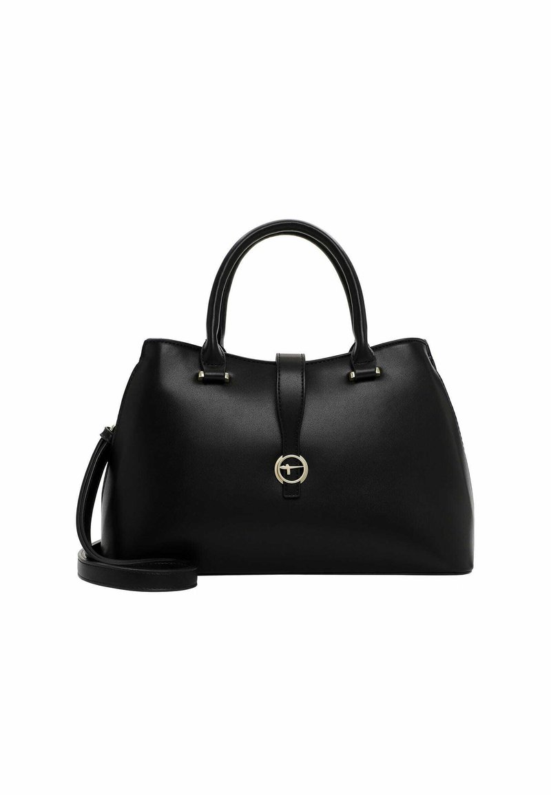 Borsa in pelle nera con manici arrotondati, tracolla rimovibile, base piatta e dettaglio arricciato anteriore con accentatura circolare dorata.