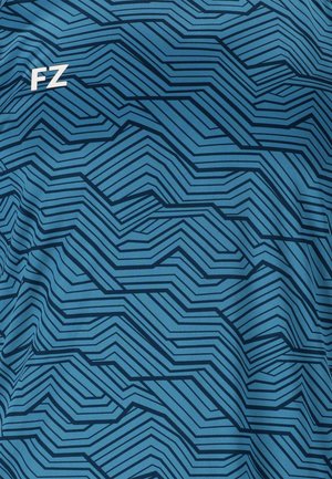 Blått tyg med mörkblå geometriska zickzackmönster och vit "FZ"-logotyp i det övre vänstra hörnet.