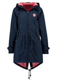 Marinevandtæt jakke med pink fleecefor, justerbar hætte og snoretræk i taljen. Har frontlynlås og sidelommer.