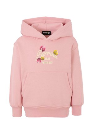 Roze hoodie van zacht materiaal met een voorzak. Bevat speelse gedrukt knopen en de tekst "Barrow BEAR with ME!" over de borst.