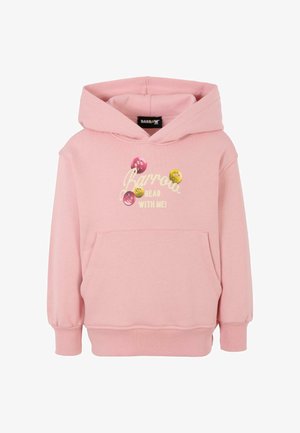 Felpa rosa realizzata in morbido tessuto con tasca frontale. Presenta bottoni stampati divertenti e il testo "Barrow BEAR with ME!" sul petto.