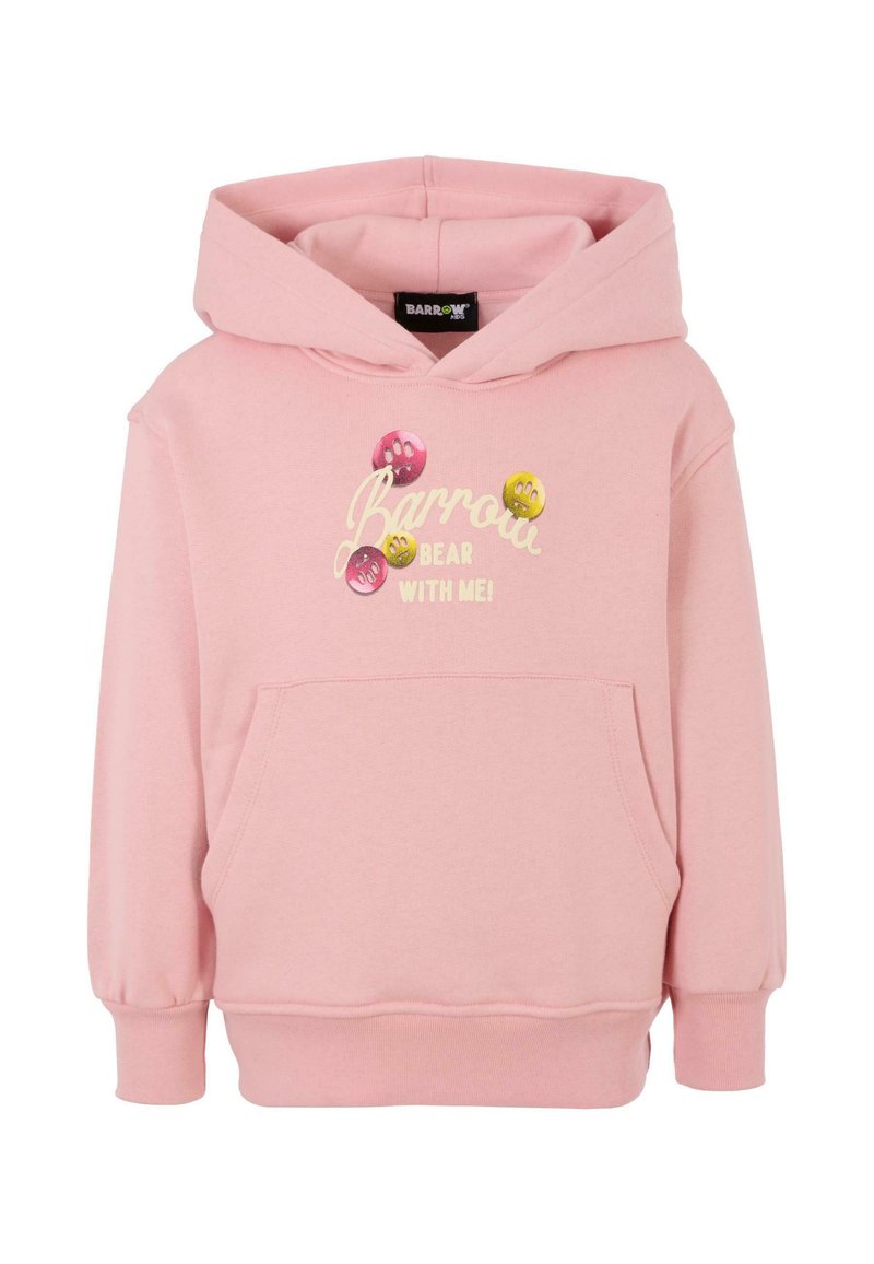 Felpa rosa realizzata in morbido tessuto con tasca frontale. Presenta bottoni stampati divertenti e il testo "Barrow BEAR with ME!" sul petto.
