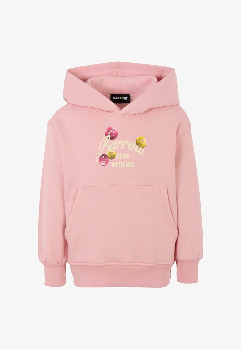 Felpa rosa realizzata in morbido tessuto con tasca frontale. Presenta bottoni stampati divertenti e il testo "Barrow BEAR with ME!" sul petto.