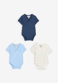 Tre body a manica corta avvolgente: blu scuro, blu chiaro e crema con stampa di ancore. Materiale in cotone morbido, chiusure a scatto e scollo a V.