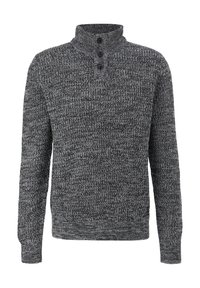 Jersey de punto gris oscuro con un cuello alto, tapeta de tres botones y puños acanalados. Tejido texturizado con un patrón jaspeado.