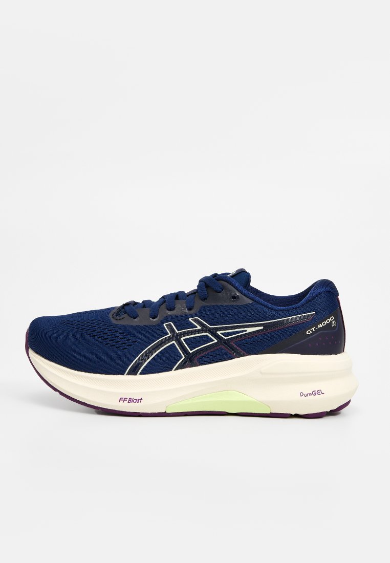 Marineblaue ASICS GT-4000 Laufschuhe mit weißer und limettengrüner Zwischensohle, schwarzen Logo-Streifen und gepolstertem Sohle, beschriftet mit FF Blast und PureGEL.