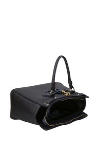 Sac fourre-tout en cuir bleu marine avec deux poignées, quincaillerie dorée et ouverture sur le dessus. Comprend des poches intérieures et une surface texturée.