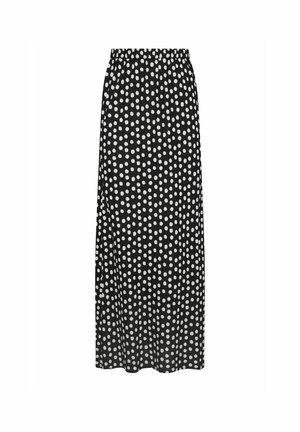 Falda midi negra con cintura elástica, que presenta un patrón de lunares blancos. Fabricada en tejido ligero, tiene un diseño fluido y drapeado.