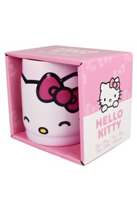 White ceramic Hello Kitty mug with a pink bow in pink packaging featuring Hello Kitty face and text "Hello Kitty" in multiple languages.