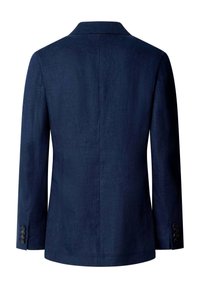 Marineblauer Herrenblazer, Rückansicht, mit langen Ärmeln und jeweils vier Knöpfen an den Manschetten.