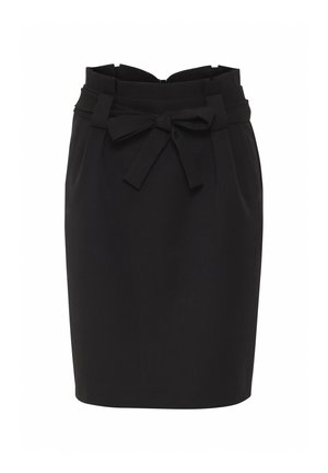 Zwarte rok met een aansluitend ontwerp, voorzien van een strik bij de taille, geplooide details en een soepele, stofstructuur.