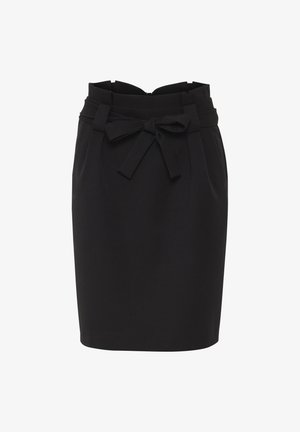 Zwarte rok met een aansluitend ontwerp, voorzien van een strik bij de taille, geplooide details en een soepele, stofstructuur.