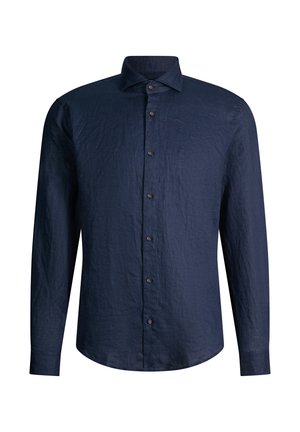 Langärmliges marineblaues Hemd mit Knöpfen und spitzem Kragen, sichtbaren Knöpfen vorne, auf weißem Hintergrund dargestellt.