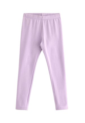 Børneleggings i lilla farve med elastisk talje, lige ben og sømløs kant, vist på en ensfarvet hvid baggrund.
