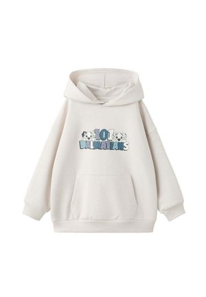 Sweat à capuche couleur crème avec poche avant, portant le texte "101 Dalmatians" et deux illustrations de chiots dalmatiens sur la poitrine.
