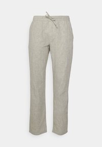 Ljust grå linnbyxor med dragsko i midjan, raka ben och en subtil texturerad yta. Inga synliga fickor eller dekorationer.