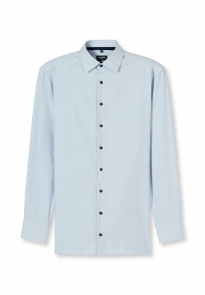 Hellblaues Hemd mit Knopfleiste und Streifenmuster, langen Ärmeln, schwarzen Knöpfen und klassischem Kragen. Hergestellt aus einem Stoff mit glatter Textur.