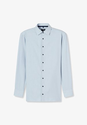 Hellblaues Hemd mit Knopfleiste und Streifenmuster, langen Ärmeln, schwarzen Knöpfen und klassischem Kragen. Hergestellt aus einem Stoff mit glatter Textur.