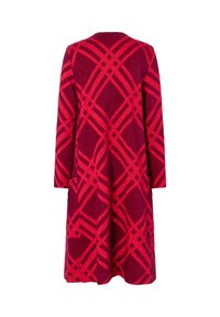 Langer roter Mantel aus strukturiertem Stoff mit einem auffälligen, kontrastierenden roten Karomuster. Verfügt über Taschen und ein gerade geschnittenes Design.
